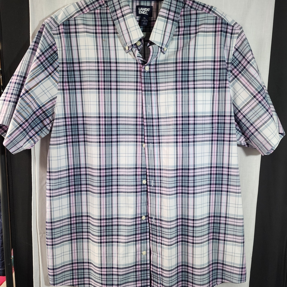Lands' End Men's Casual Plaid Shirt - Blue and Purple